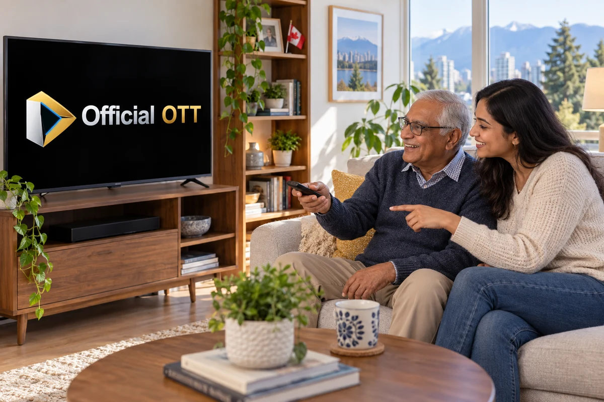 Un adulte âgé et sa fille utilisent une télécommande devant un téléviseur OfficialOTT.