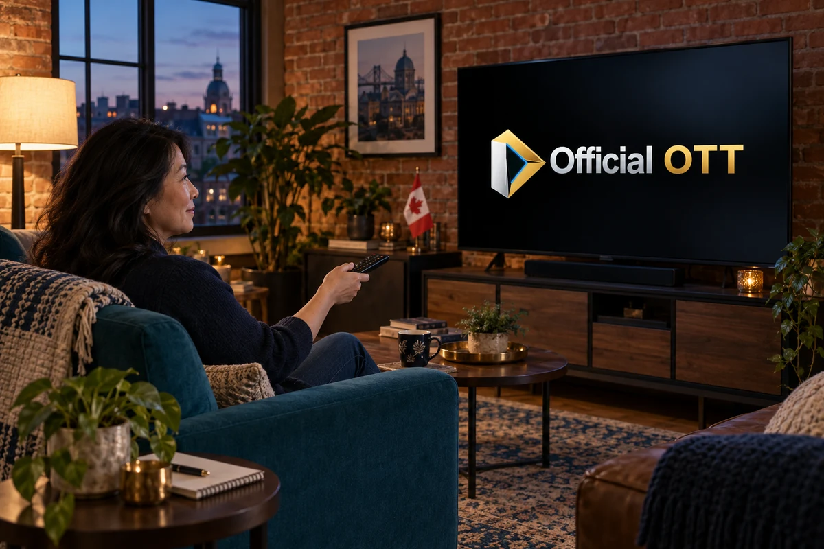 Une femme utilise une télécommande dans un salon montréalais ; le téléviseur entier affiche le logo OfficialOTT et un drapeau canadien se trouve à côté.