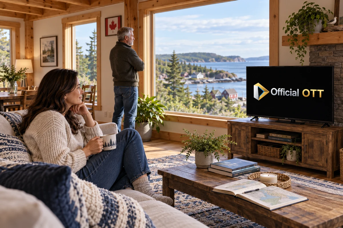 Un couple dans une maison côtière canadienne avec un téléviseur OfficialOTT entièrement visible.