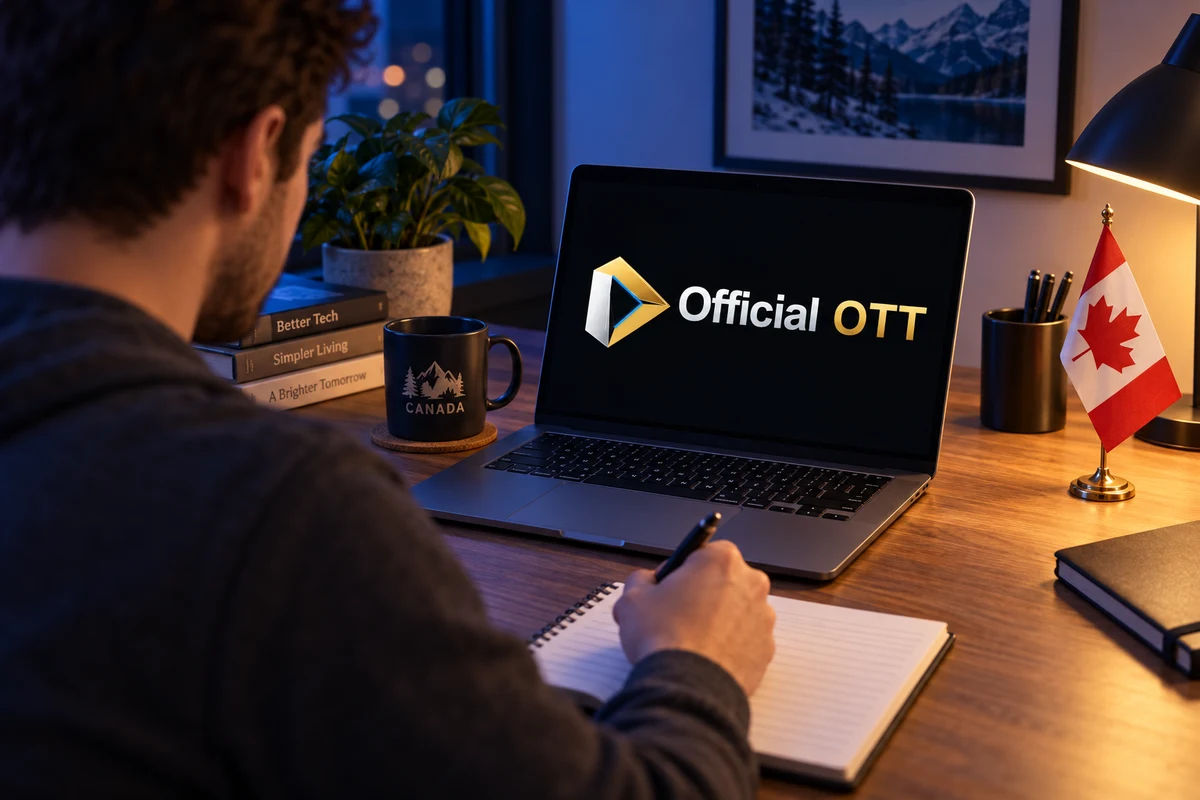 Une personne prend des notes à côté d’un ordinateur portable affichant le logo OfficialOTT.