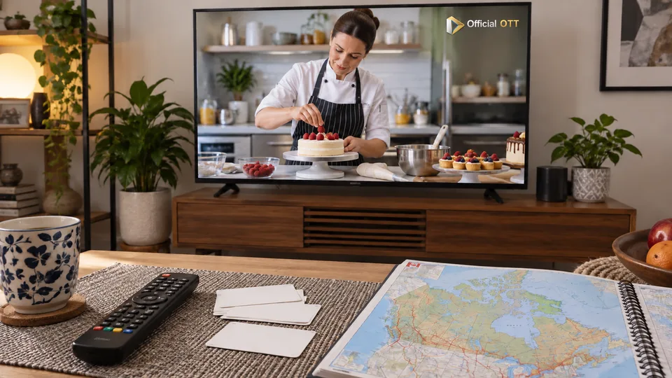 A map of Canada and cards accompany a fictional baking programme