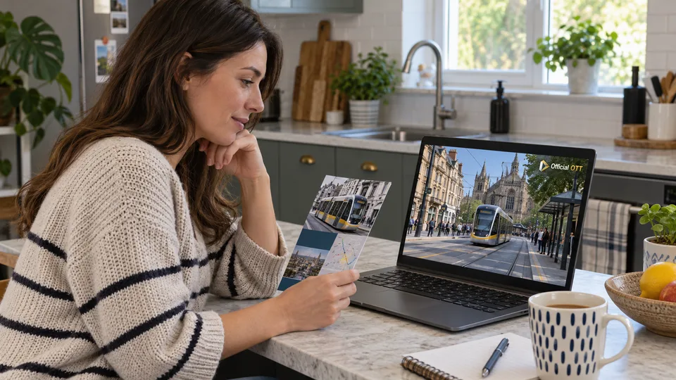 A reader compares a leaflet with a fictional travel scene on a laptop