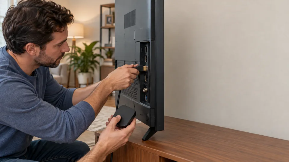A man connects a device to the television video input
