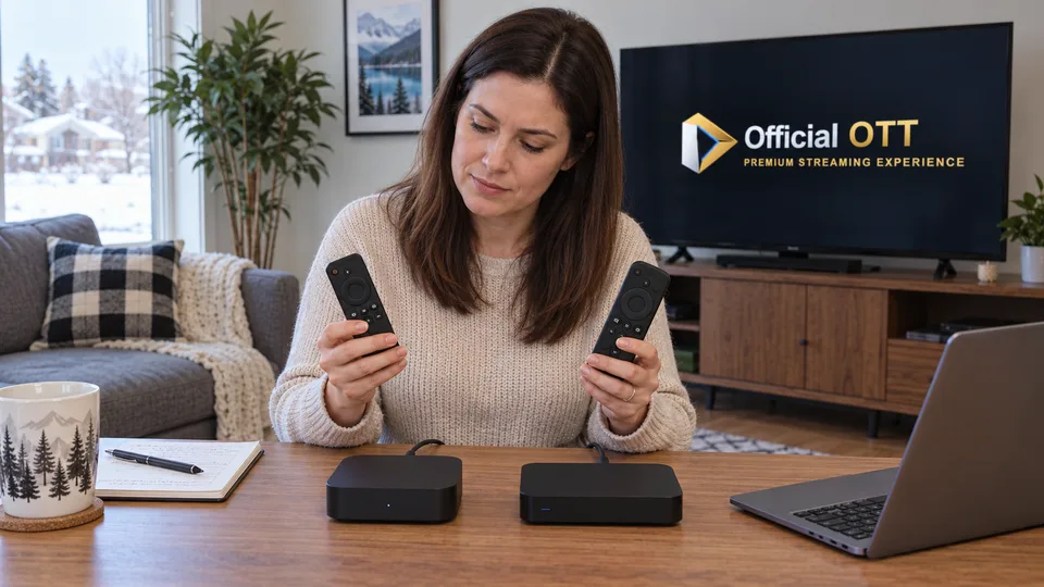 Une femme compare deux télécommandes et deux boîtiers de diffusion