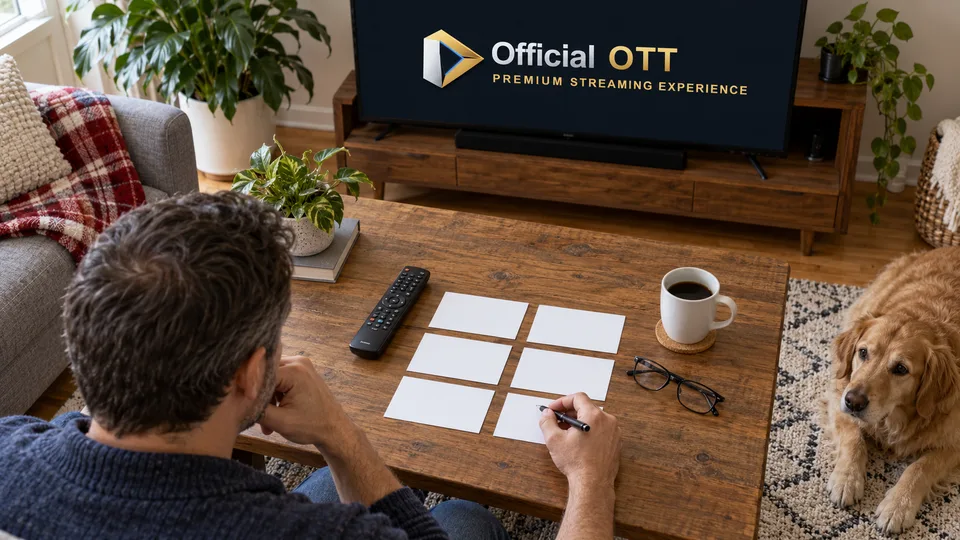 A man organizes several cards beside a remote control