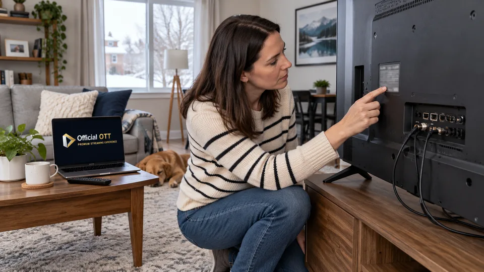 A woman locates the label on the back of a television