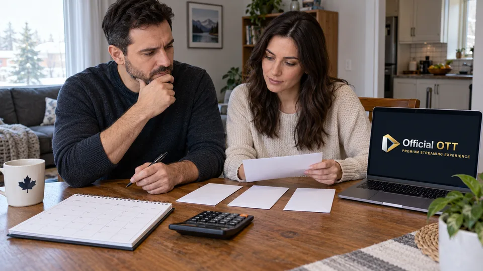 A couple examines documents with a calendar and calculator