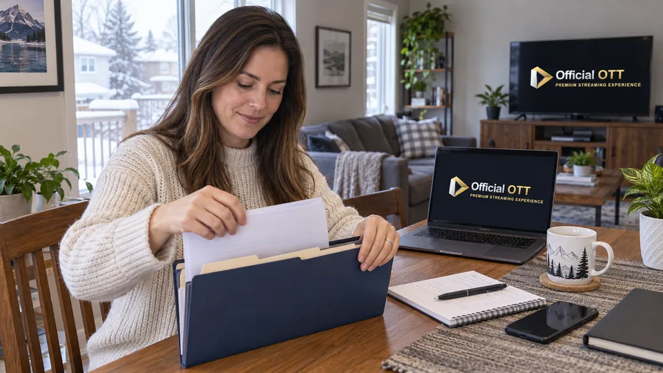A woman files useful documents in a folder