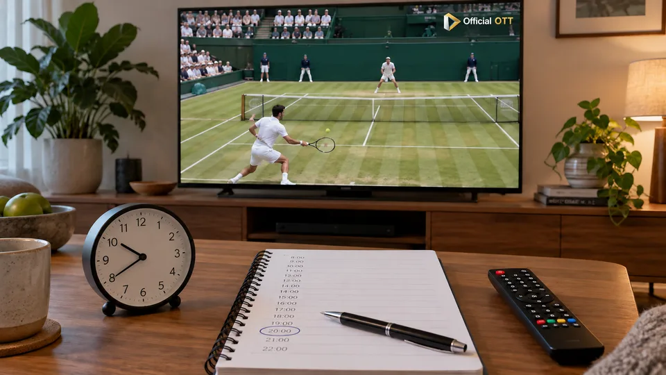 Horloge et carnet d’horaires accompagnent une scène de tennis fictive