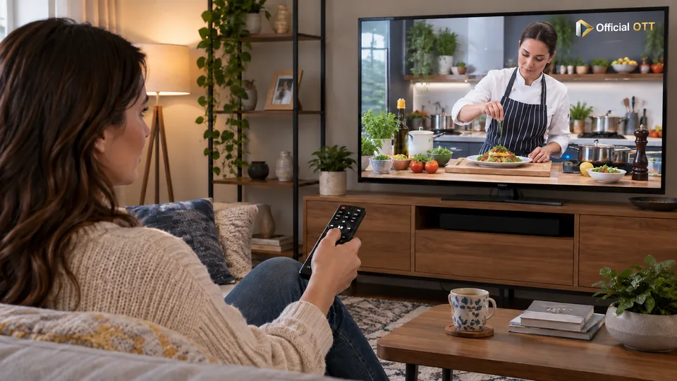 Une spectatrice utilise la télécommande pendant une émission culinaire fictive