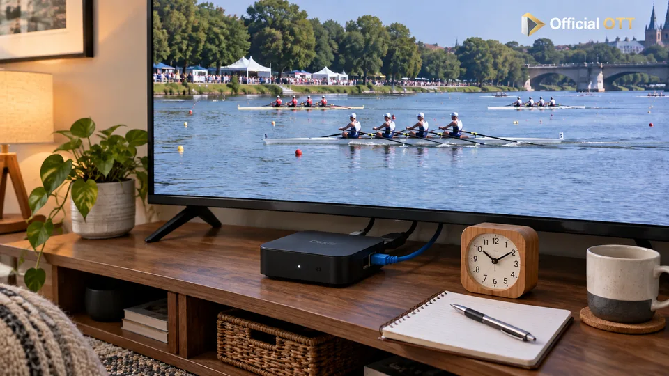 Un boîtier câblé, une horloge et un carnet accompagnent une scène d’aviron fictive