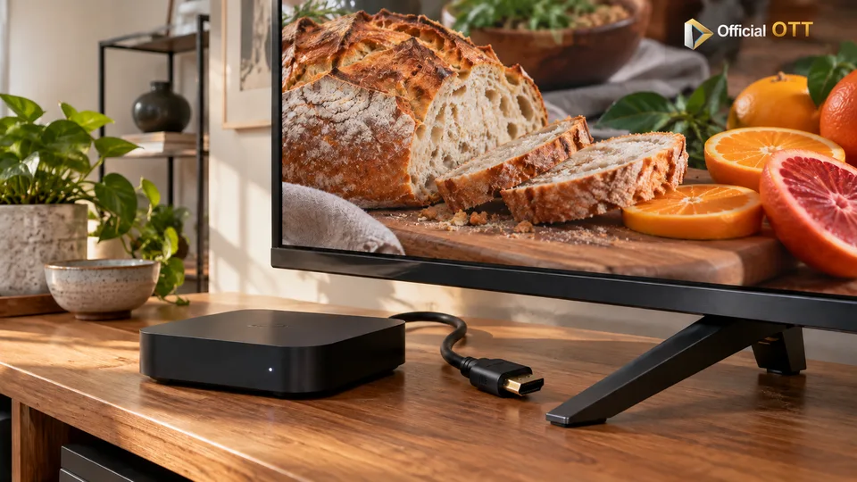 A streaming box and HDMI cable sit beside a detailed food image