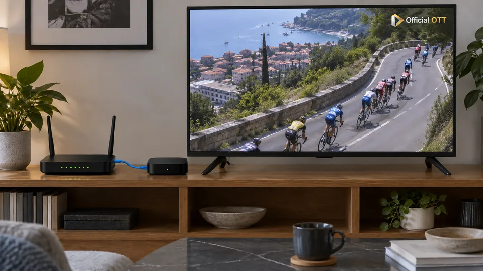A network-connected streaming box accompanies a fictional cycling scene
