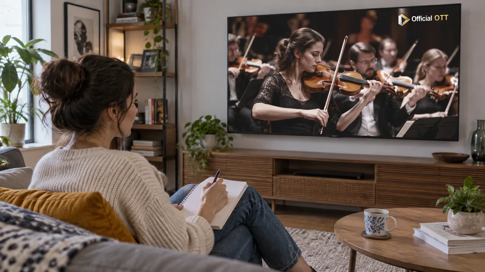 A viewer records observations during a fictional concert