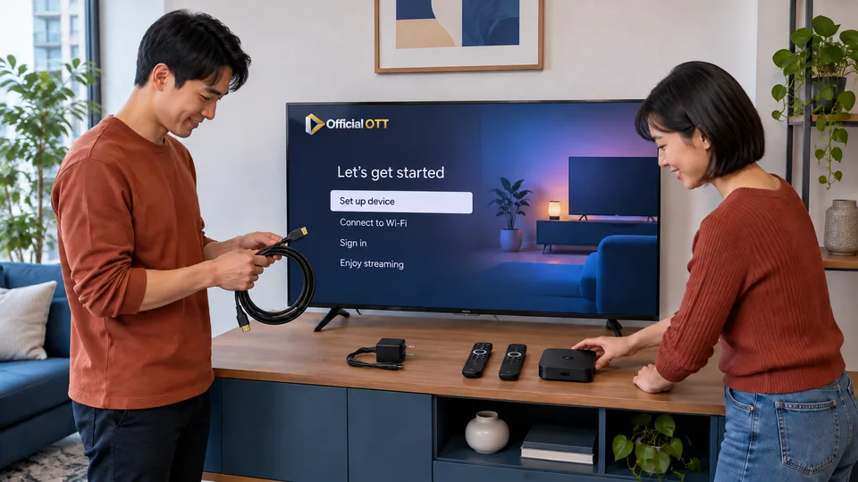 Un couple rassemble boîtier, alimentation, câble HDMI et télécommandes