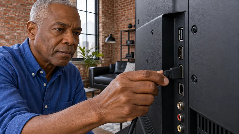 Un homme insère un connecteur HDMI dans le port du téléviseur