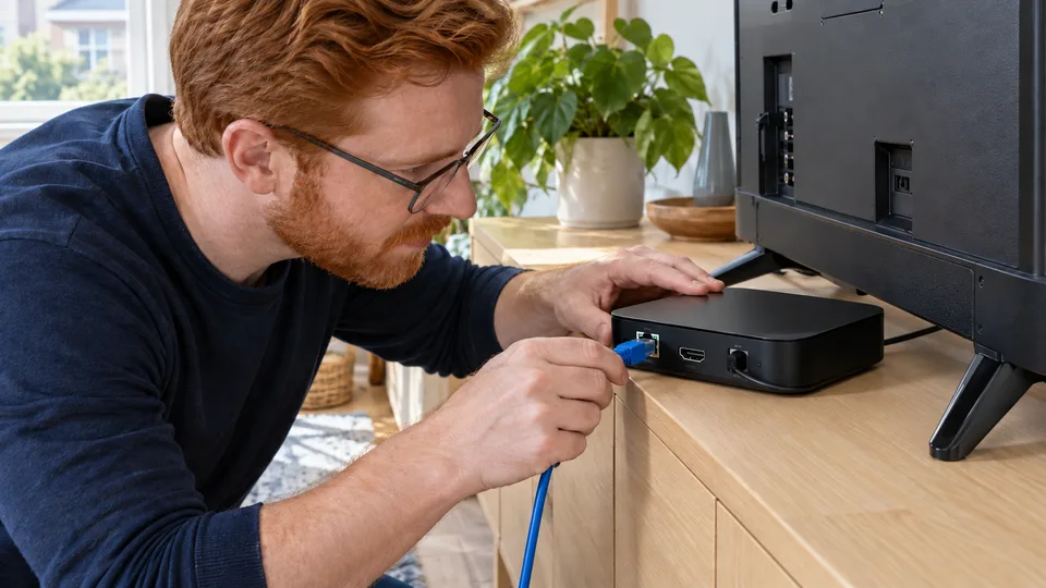 Un homme raccorde un câble Ethernet au boîtier de diffusion