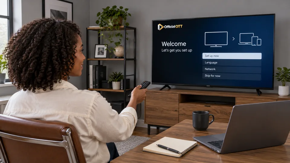 Une spectatrice parcourt un écran de configuration fictif à la télécommande