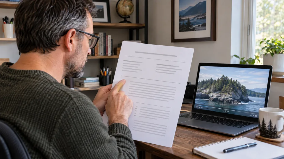 Un homme examine une fiche fictive à côté d’un ordinateur