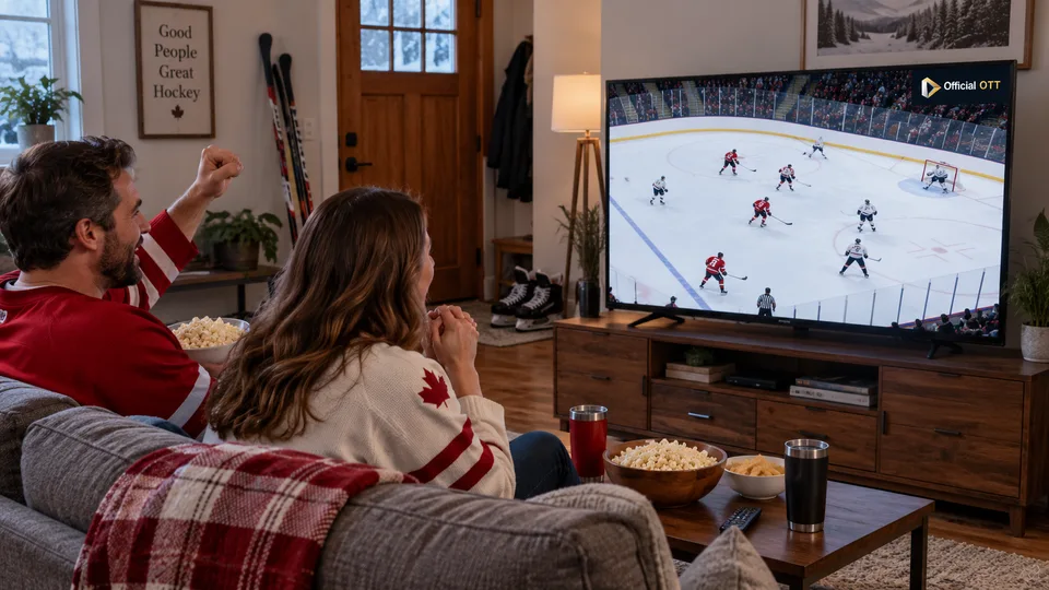 Two fans watch a fictional hockey scene on television