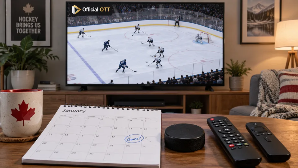 A calendar, puck and remotes accompany preparations for a hockey evening