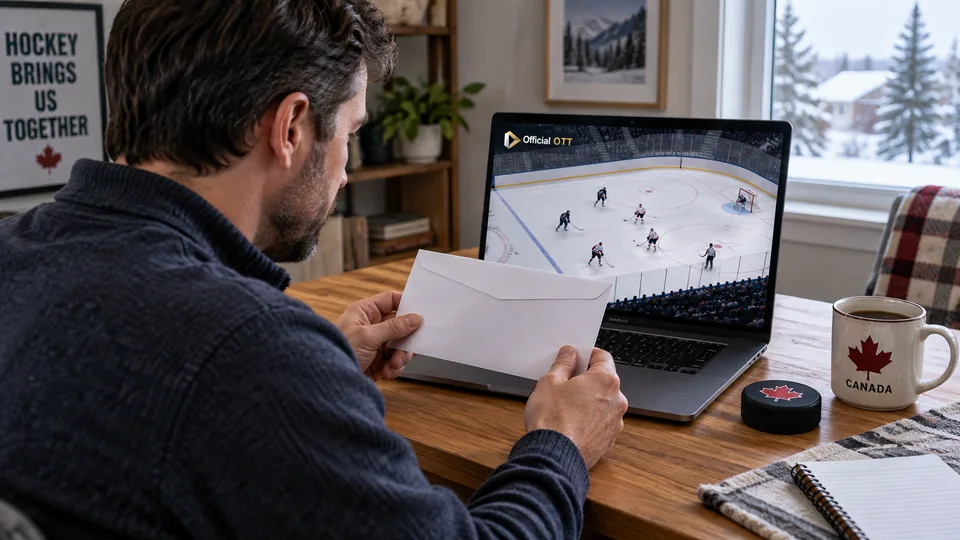 A viewer examines a document beside a laptop showing fictional hockey