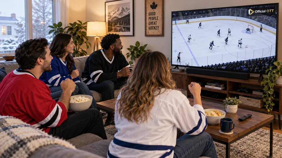 Four people share an evening watching a fictional hockey scene