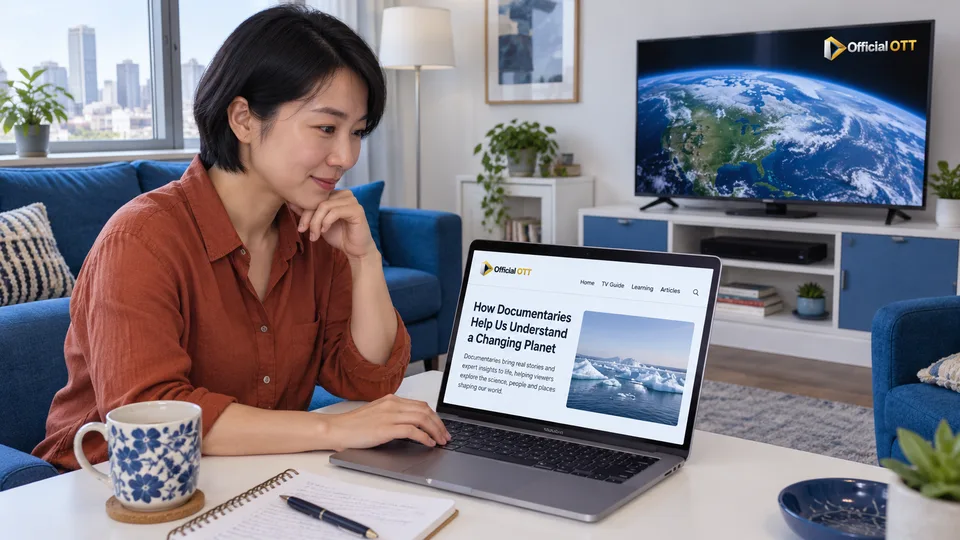 A reader consults a fictional educational page on her laptop