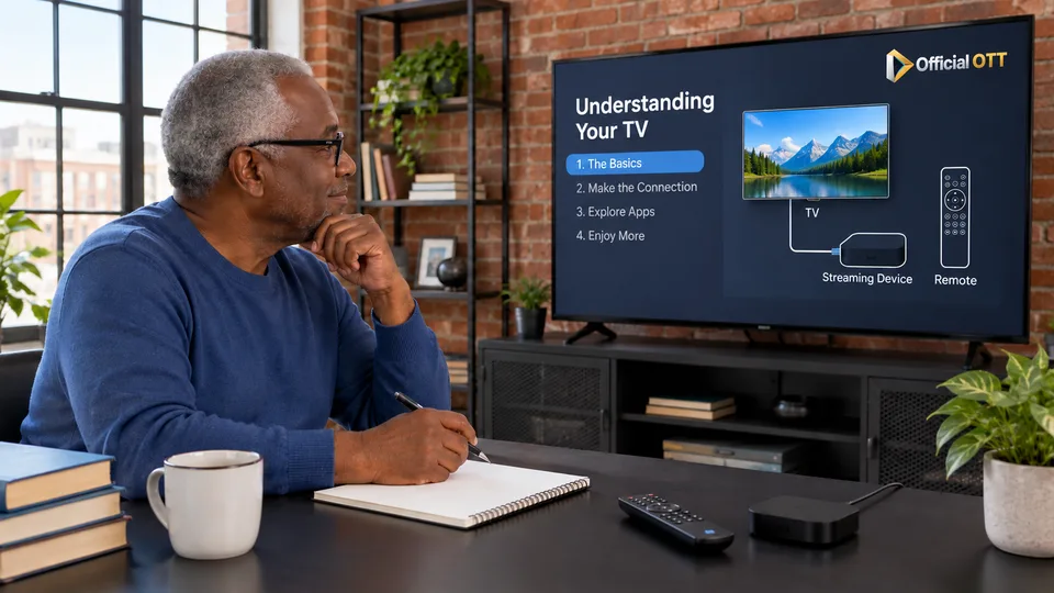 A reader takes notes beside an illustrated explanation of television equipment