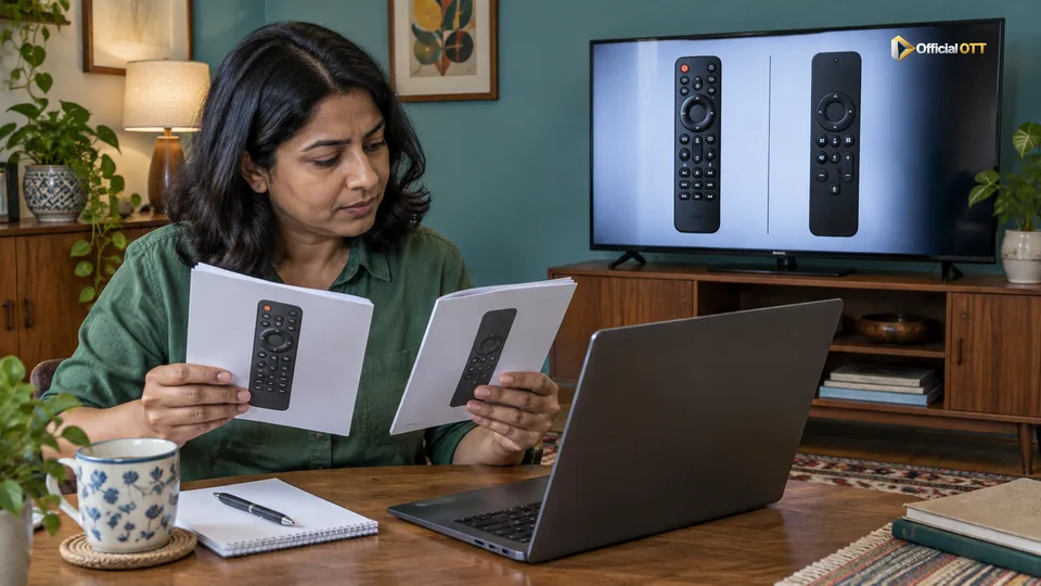A woman compares two remote-control manuals