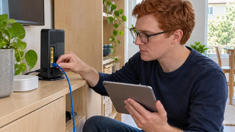 A man consults his tablet while connecting a cable to a router LAN port