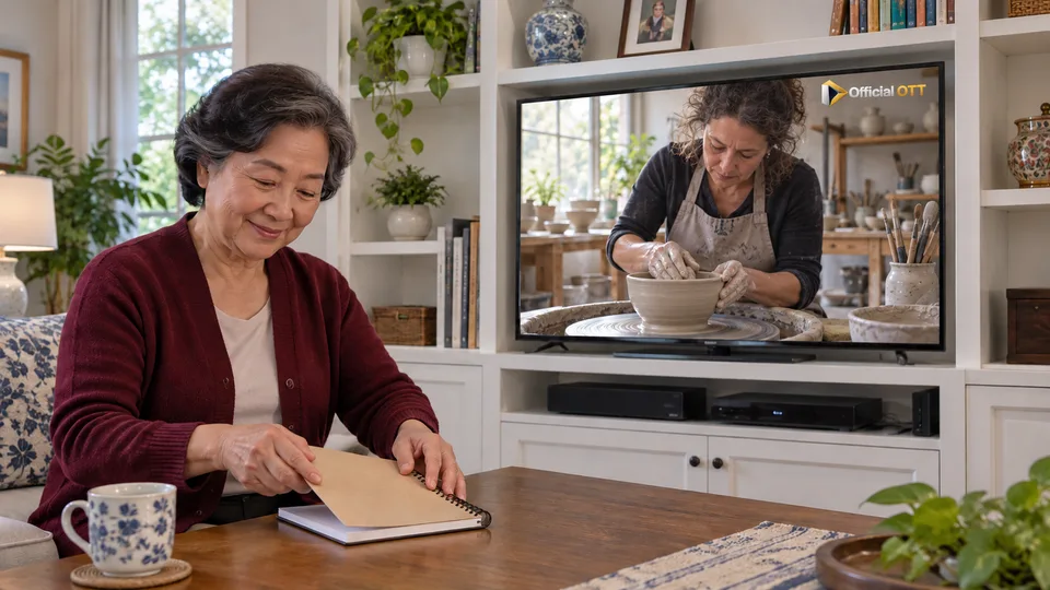 A reader closes her notebook during a fictional pottery programme