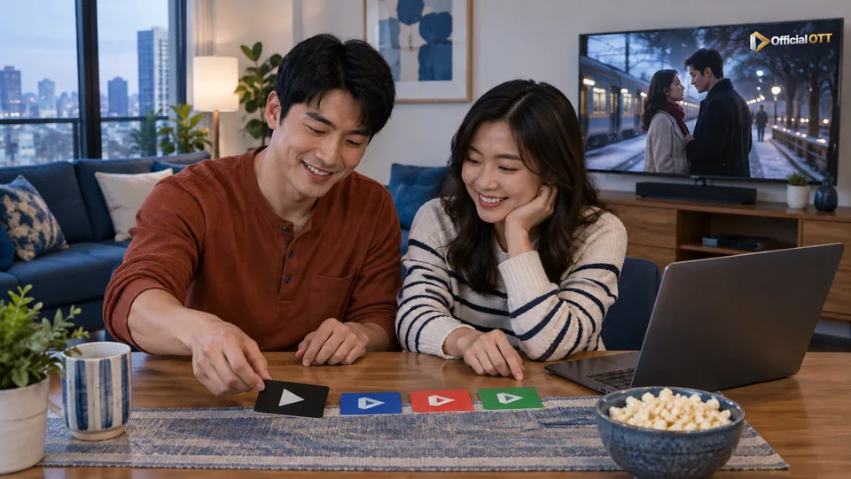 A couple compares generic cards representing viewing options
