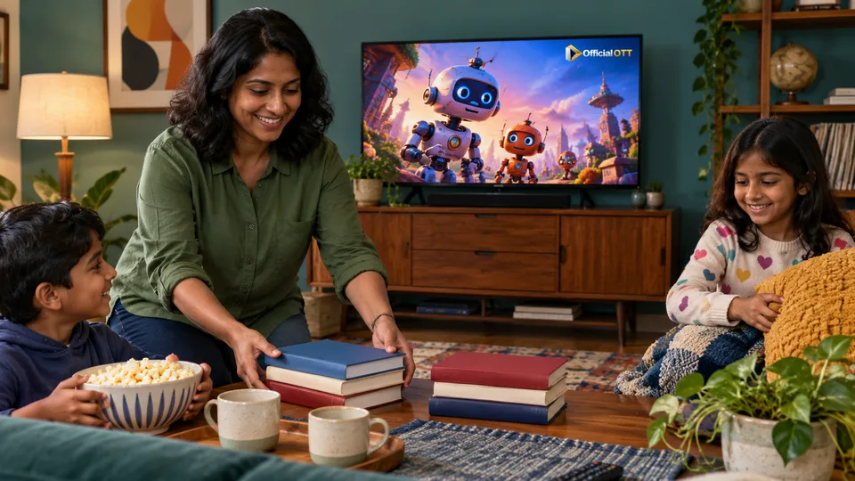A family prepares its evening with books and a fictional animation on screen