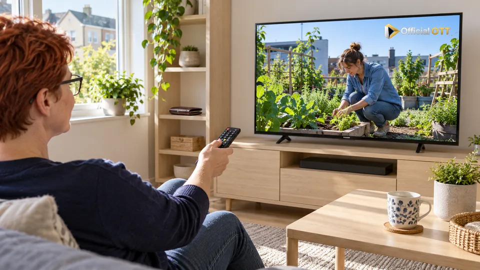A viewer selects a fictional gardening programme