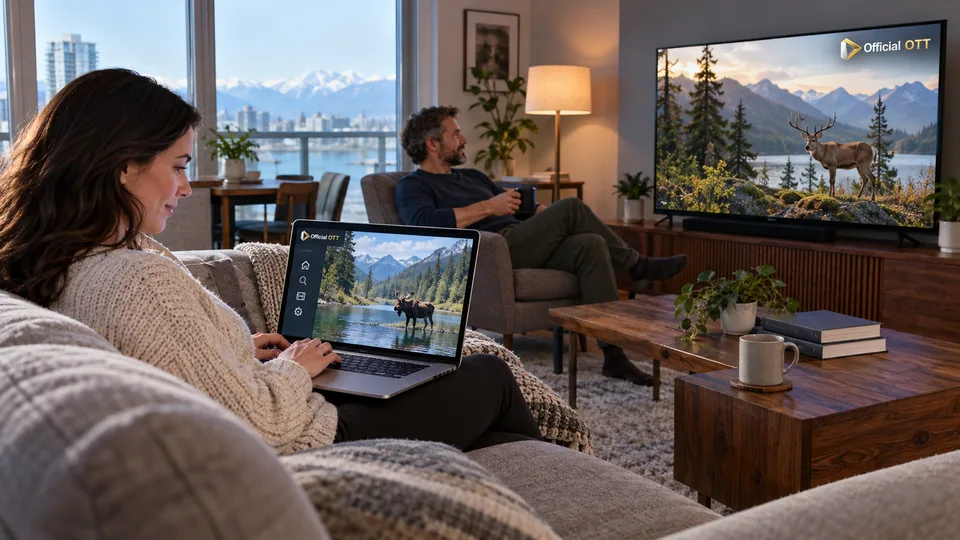 Two people use a laptop and television separately in the living room