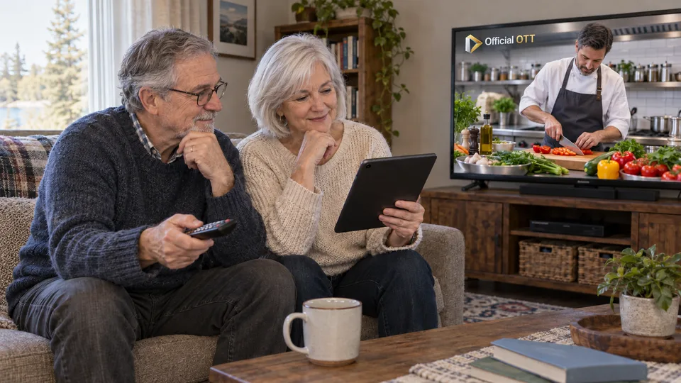 A couple consults a tablet during a fictional cooking programme