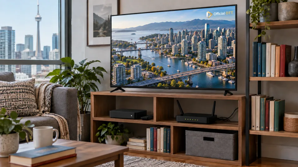 A television, streaming box and router form a living-room setup