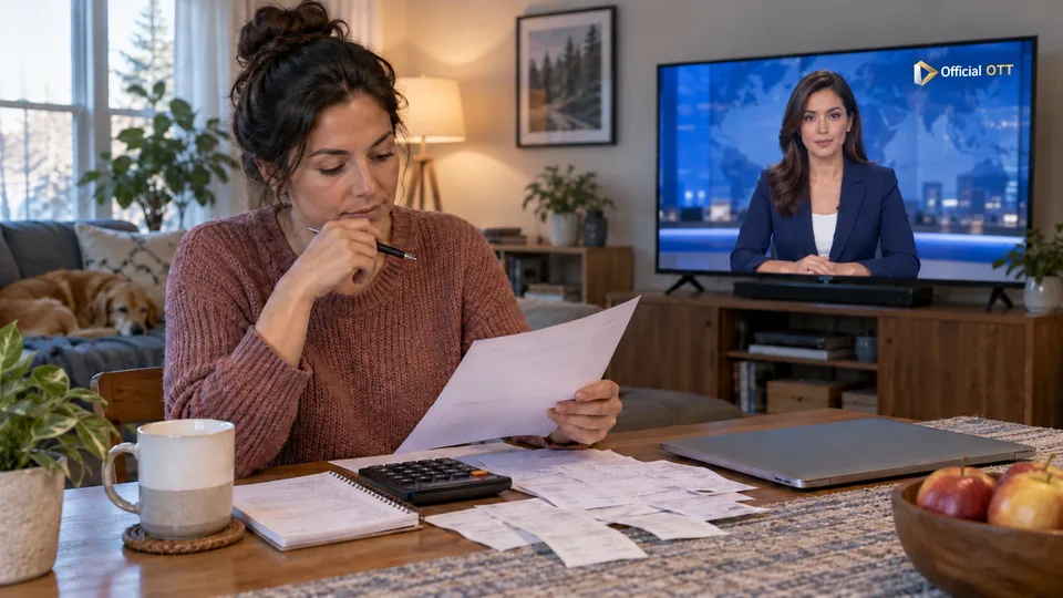 A woman reviews her budget during a fictional news bulletin