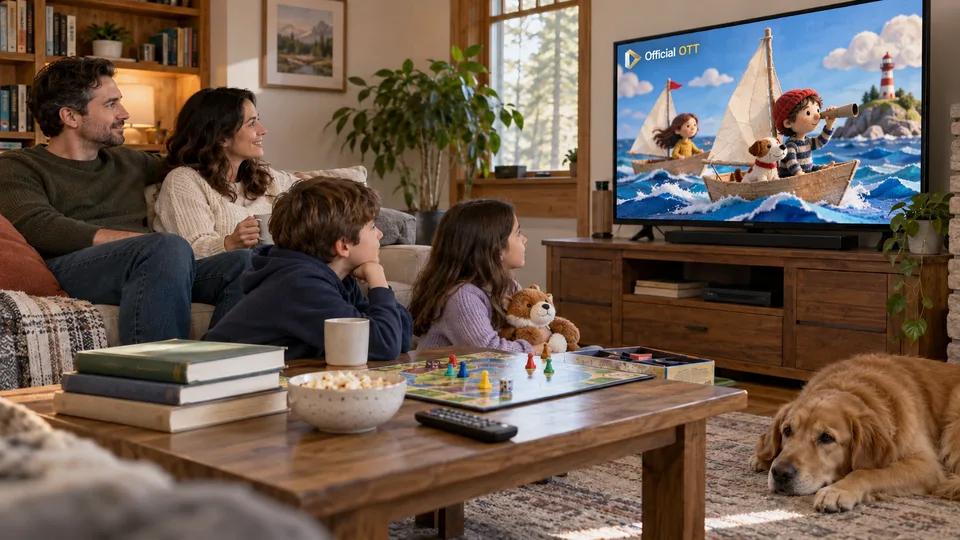 A family watches a fictional animation together
