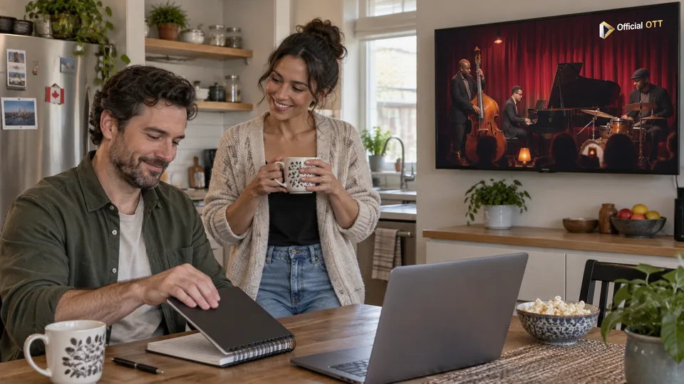 A couple closes its notebook with a fictional jazz performance on screen