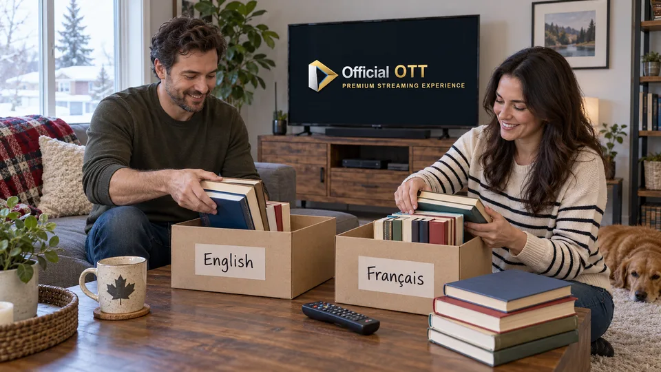 Un couple classe des livres dans deux boîtes indiquant les langues française et anglaise