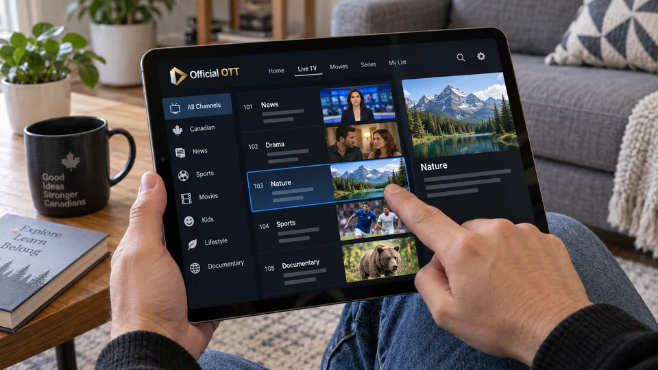 Une tablette présente une liste fictive de catégories de programmes
