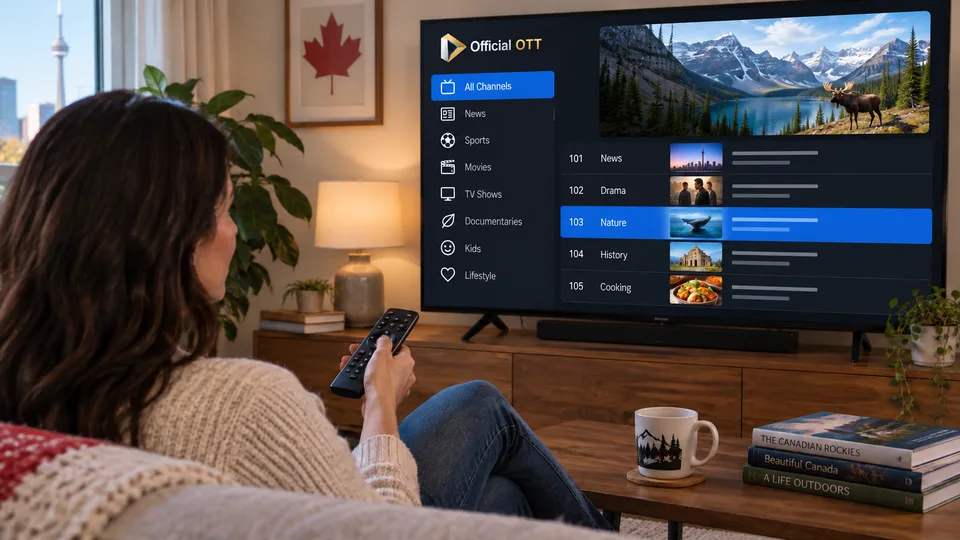 Une spectatrice parcourt une liste de programmes fictive à la télécommande