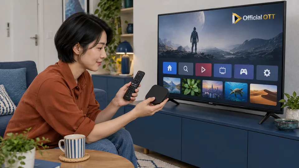 A woman considers using the television or an external streaming box