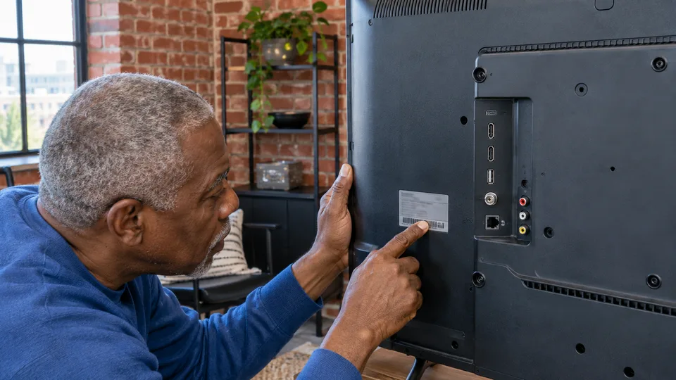 A man locates the model label on the back of the television