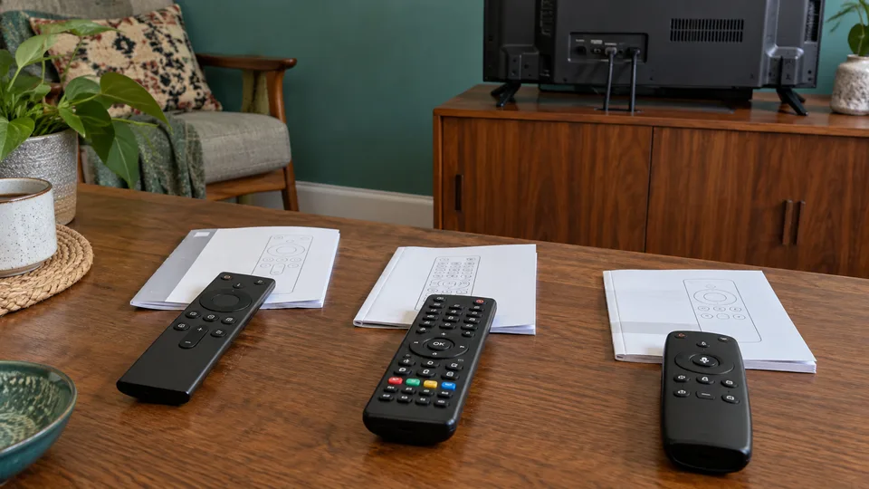 Three remotes and their manuals illustrate different controls
