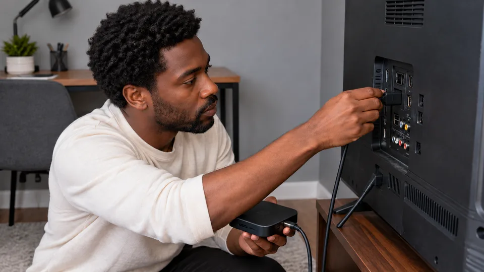 A man connects an external streaming box to an HDMI input