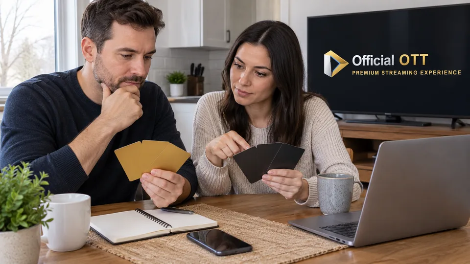 Un couple compare deux ensembles de cartes sans montant affiché