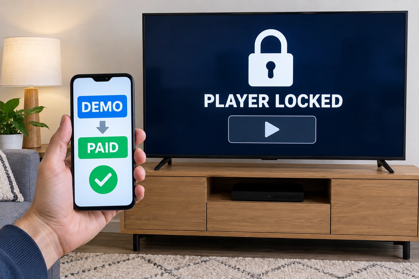 AI-generated conceptual illustration, fictional interface: payment accepted, player locked.